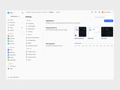 Settings appearance dashboard product settings shadcn