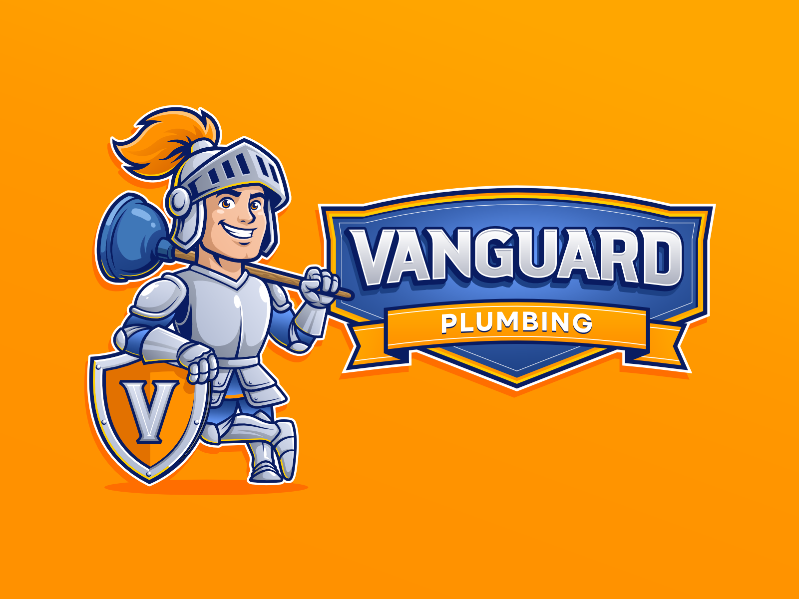 Vanguard Plumbing brand home service illustration mascot plumbing shield vanguard warrior