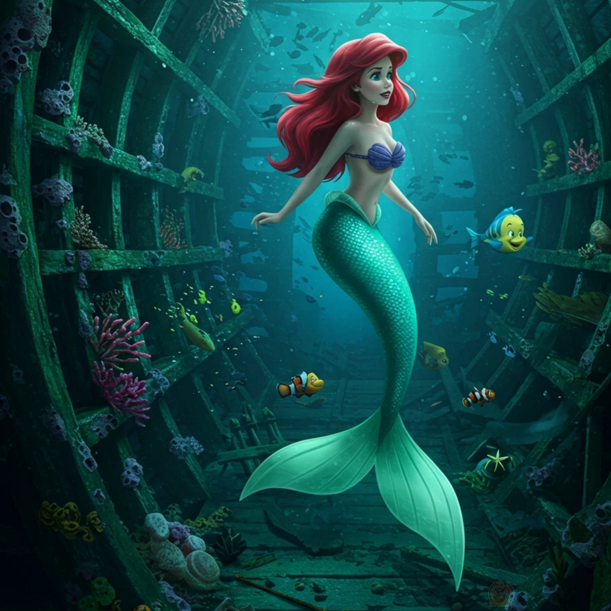 Depths of the Sea the Little Mermaid Character & Environment Art 2d illustration animal character book cover design cartoon art character design children illustration childrens book illustration digital painting environmental design fairytale art illustration for kids kids book art mermaid art picture book playful art storytelling art underwater scene whimsical illustration