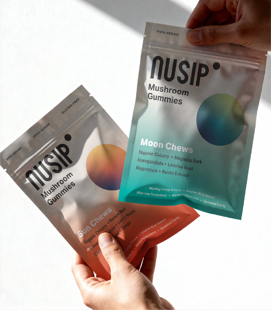 NUSIP Mushroom Gummies cpg food logo gummies modern design packaging