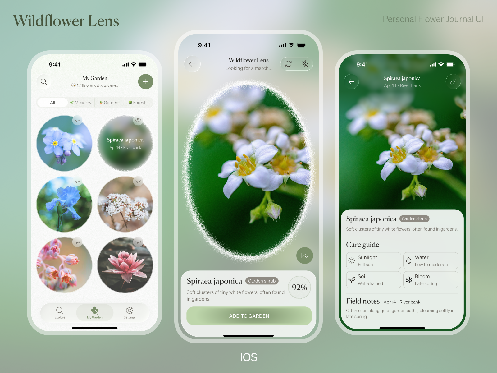 🌿 Wildflower Lens — Personal Flower Journal App app design botanical camera ui clean ui concept design inspiration exploration figma flowers ios app journal minimal mobile ui nature plants product design ui ux