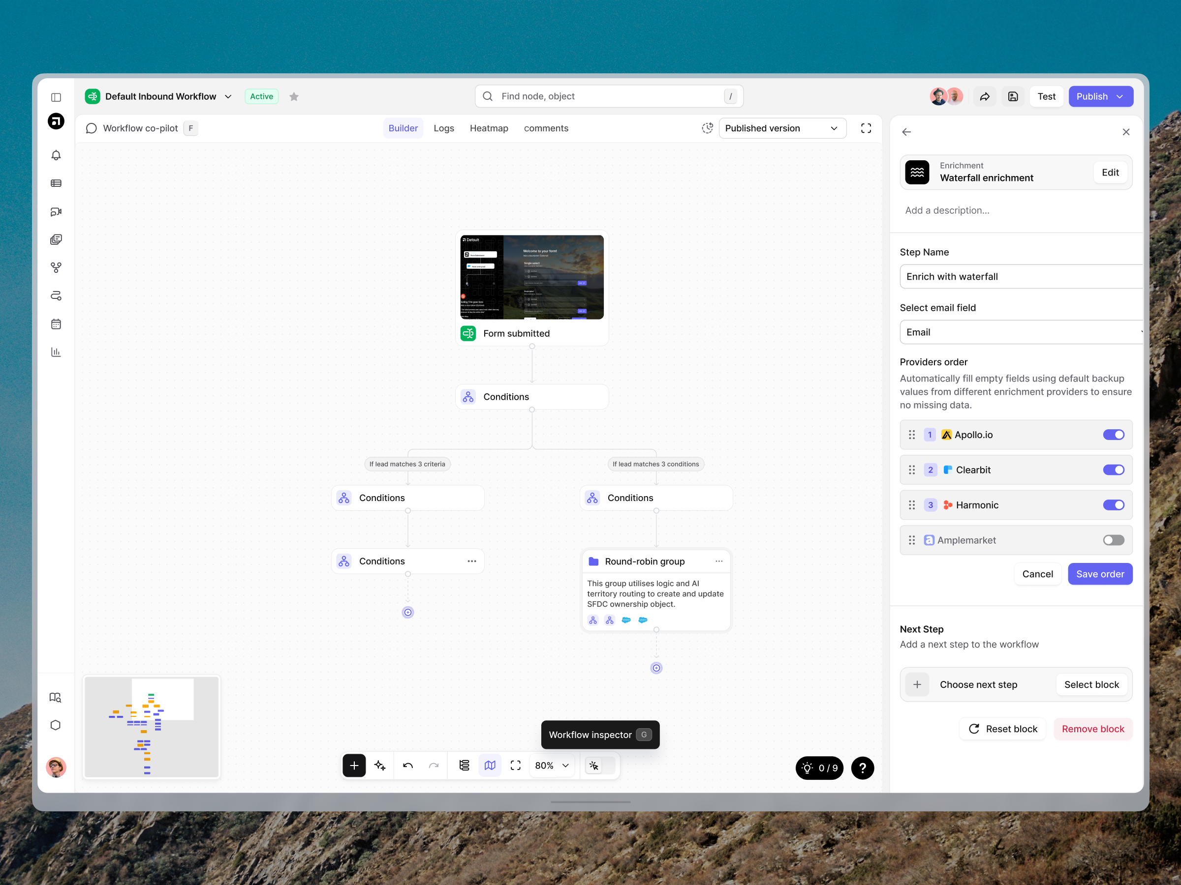 Default Workflow Builder — Waterfall Enrichment ai canvas crm dashboard data enrichment llm modal navigation sales side menu side panel ui waterfall workflow builder zoom