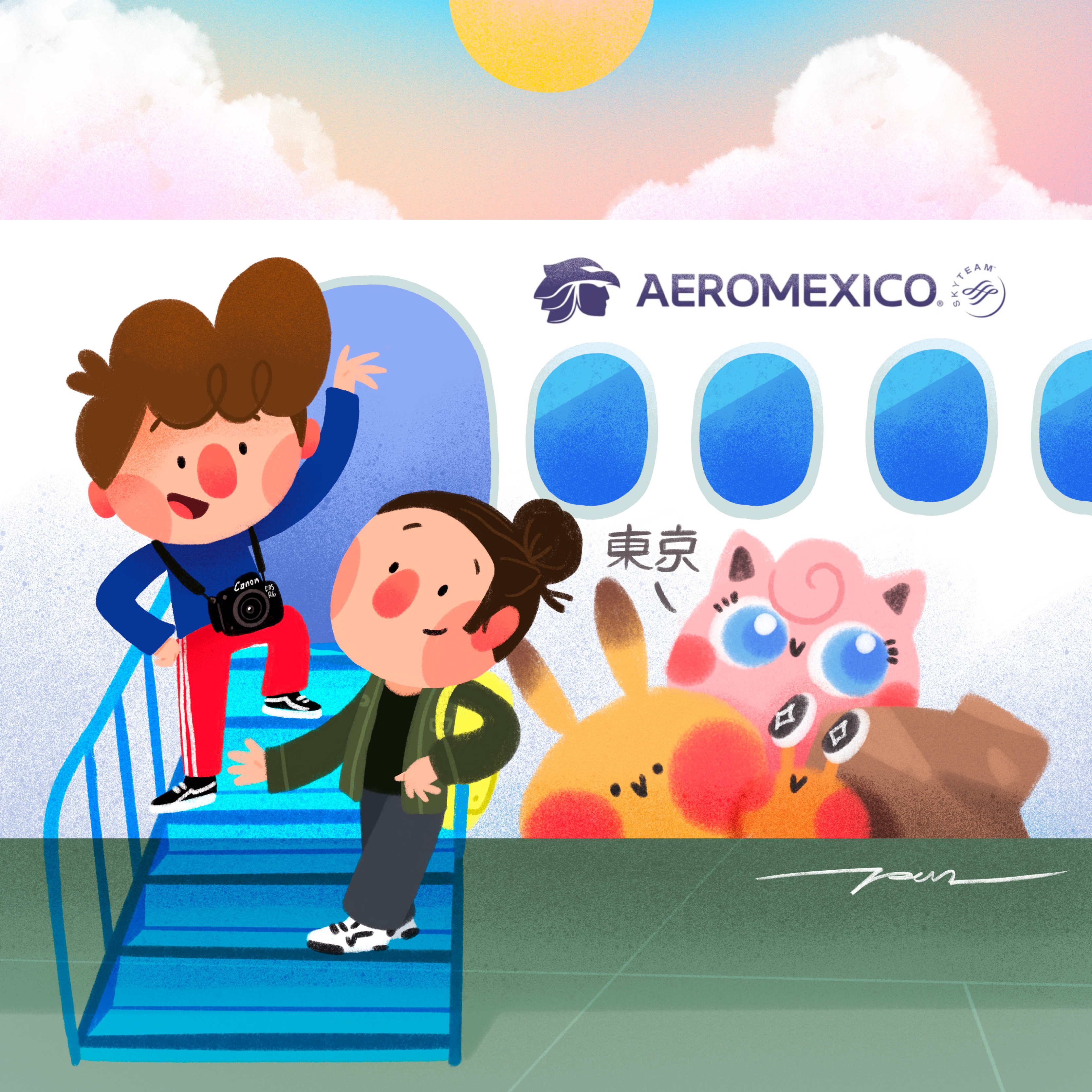 Aeromexico Tokio Japan aeromexico airline cartoon color cute design flight friends illustration japan plane pokemon tokio travel