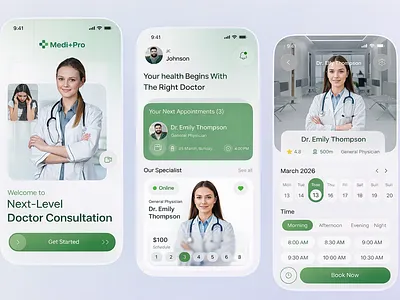 Healthcare Mobile App UI — Doctor Consultation Experience appdesign appointment appui bookingapp design doctorapp figmadesign healthcare healthcareui healthtech interface medicalapp minimalui mobileapp mobileui modernui productdesign telemedicine uidesign uxdesign