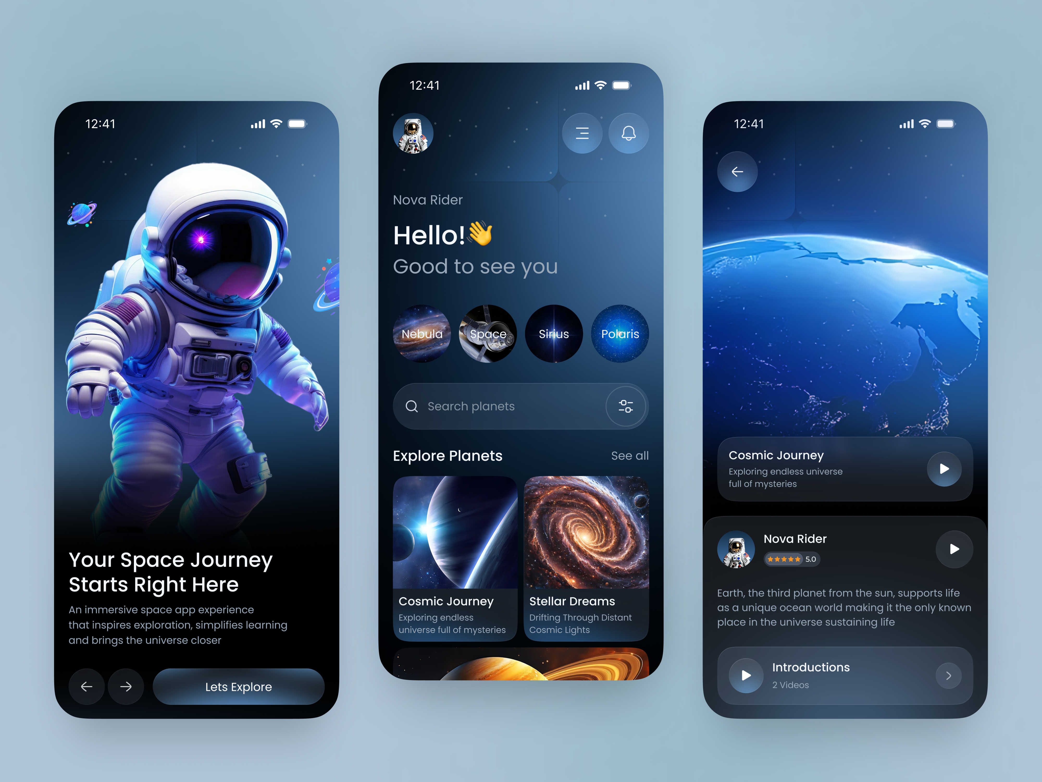 Space Learning Mobile App UI 3d illustration app app design astronaut app design learning app mobile mobile app mobile ui nasa inspired space space app space design space exploration universe galaxy user interface uxui web