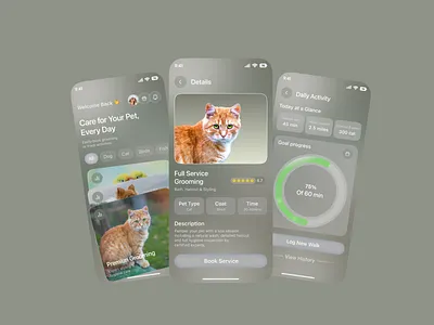 Pet Grooming & Care Mobile App UI activity tracker app design booking app card ui clean ui dashboard ui dribbble shot figma design minimal ui mobile app ui mobile dashboard modern interface pet app pet care pet grooming pet tracking service app soft ui ui inspiration ui ux design