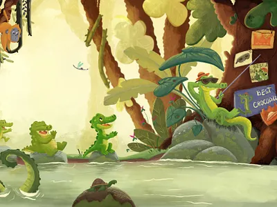 The Crocodile Who Loved Applause animal animal illustration artwork cartoonstyle characterdesign children book children book illustration children illustration concept art cover book crocodile cutecharacters forestscene illustration illustrator kidsillustration picturebook storybook visualstorytelling whimsicalart