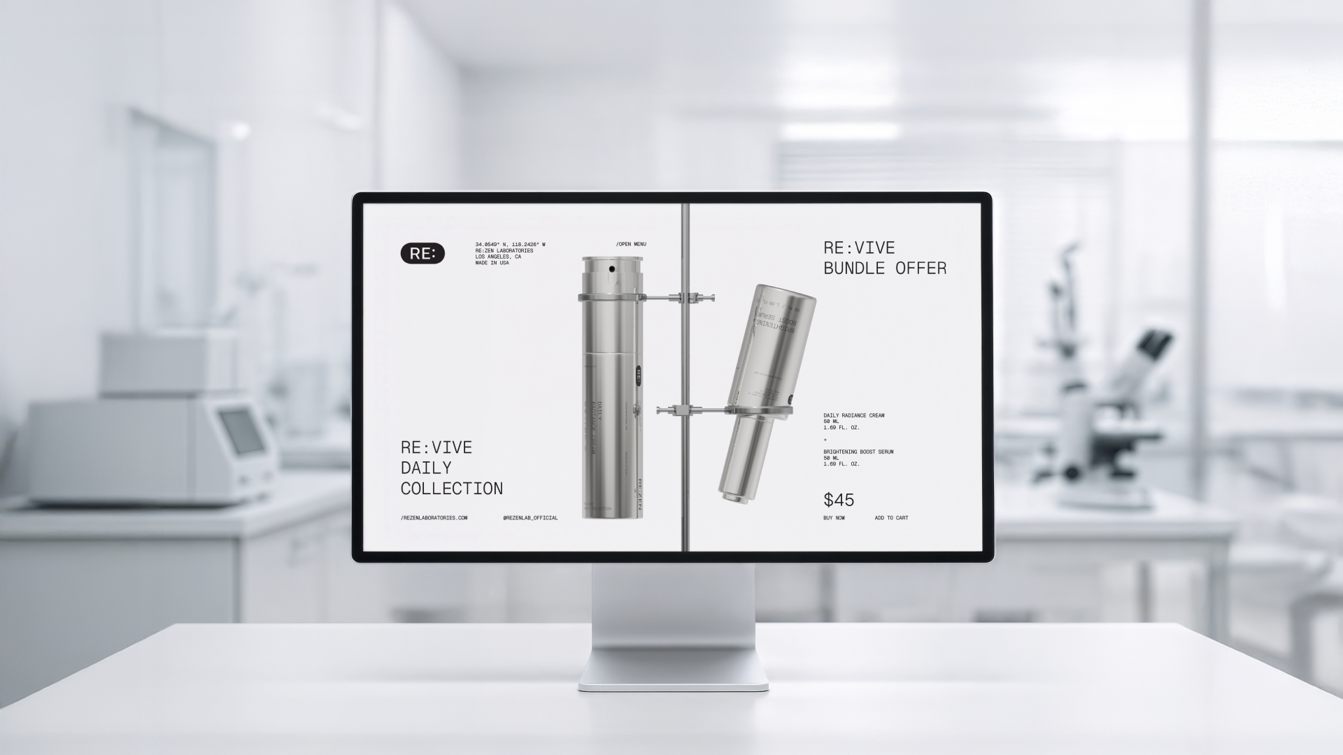 RE: ZEN black and white branding cosmetics cream goopanic laboratory los angeles metallic minimalistic packaging science serum