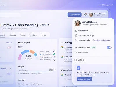 Event Management SaaS Dashboard — Web App UI analytics appdesign b2b crm dashboard datavisualization eventmanagement figmadesign interface management minimalui modernui productdesign saas saasdesign uidesign uxdesign webapp webui workflow