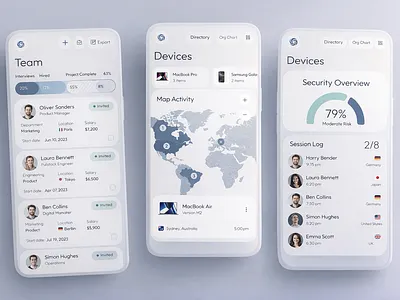 HR Mobile App UI — Team & Device Management analytics appdesign appui b2b dashboard datavisualization employeemanagement enterpriseapp figmadesign hr hrtech interface minimalui mobileui modernui productdesign saas uidesign uxdesign workflow