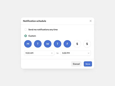 Smart Notification Control availability settings calendar ui component design day selector dialog design form ui modal ui notification schedule notification settings preferences ui product design saas ui schedule ui settings modal time picker time selection toggle selection ui design ux design web app ui