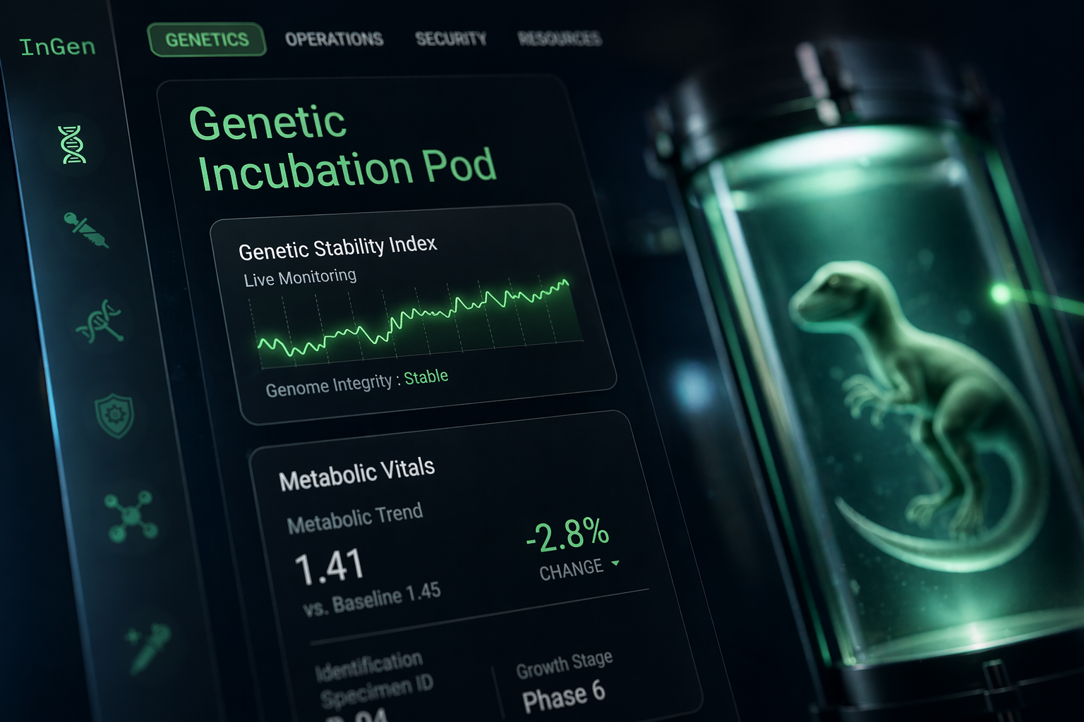 InGen - Specimen Incubation Dashboard biotech concept cyberpunk dark ui dashboard data visualization dribbble figma futuristic glassmorphism interface product design saas sci fi ui design