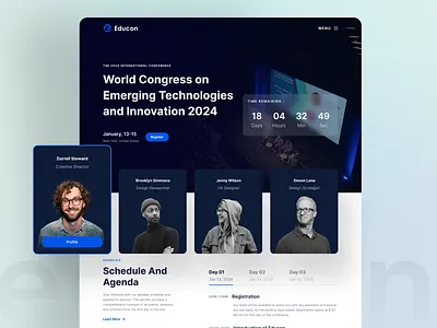 Educon - Conference Landing Page Template app clean conference countdown design event framer keynotes landing page mobile pricing responsive schedule speaker template ui ux web app webflow website