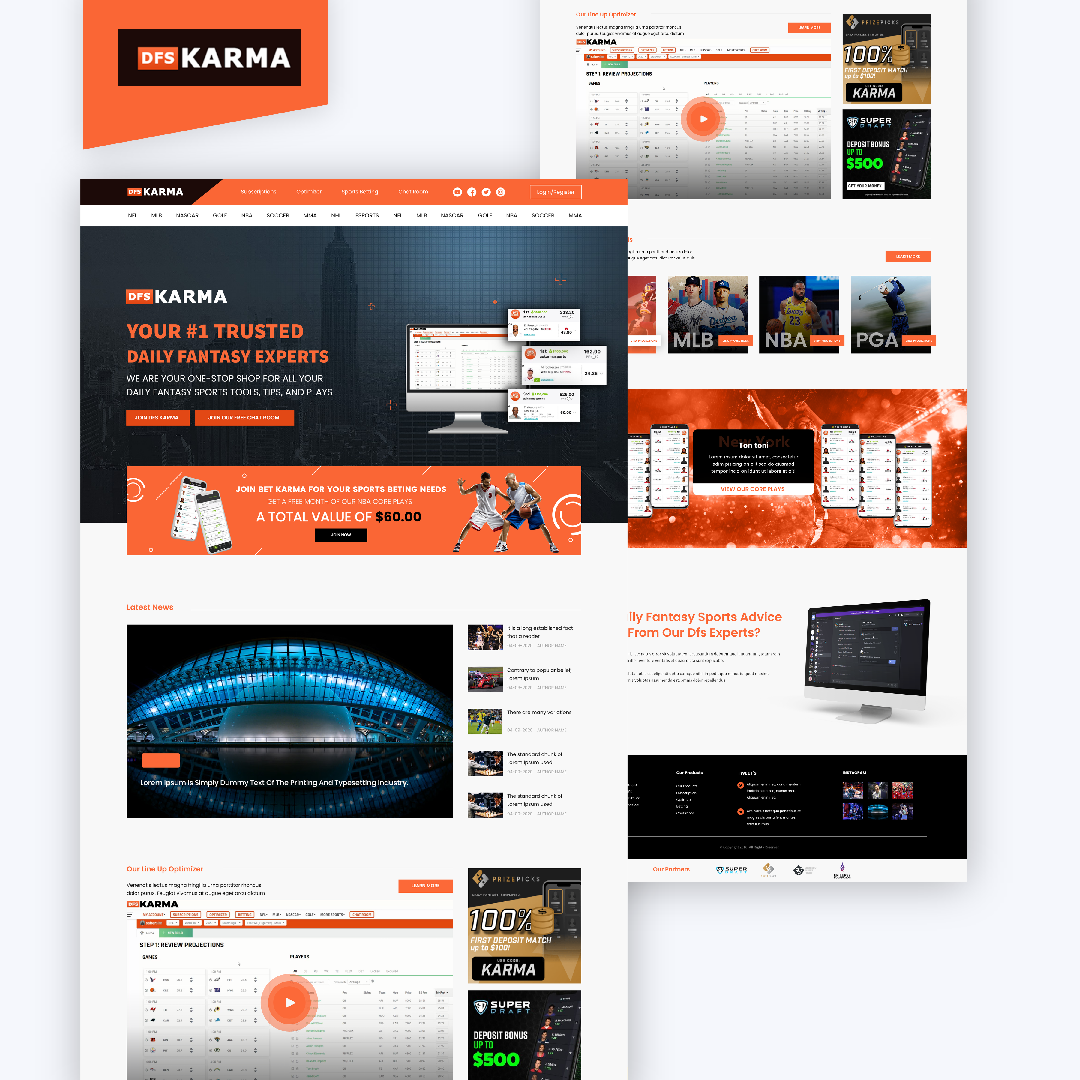 Sports Analytics & News Landing Page analytics basketball betting dark mode dark ui dashboard dfs energetic fantasy sports figma football landing page orange sports sports betting ui user interface ux web design website design