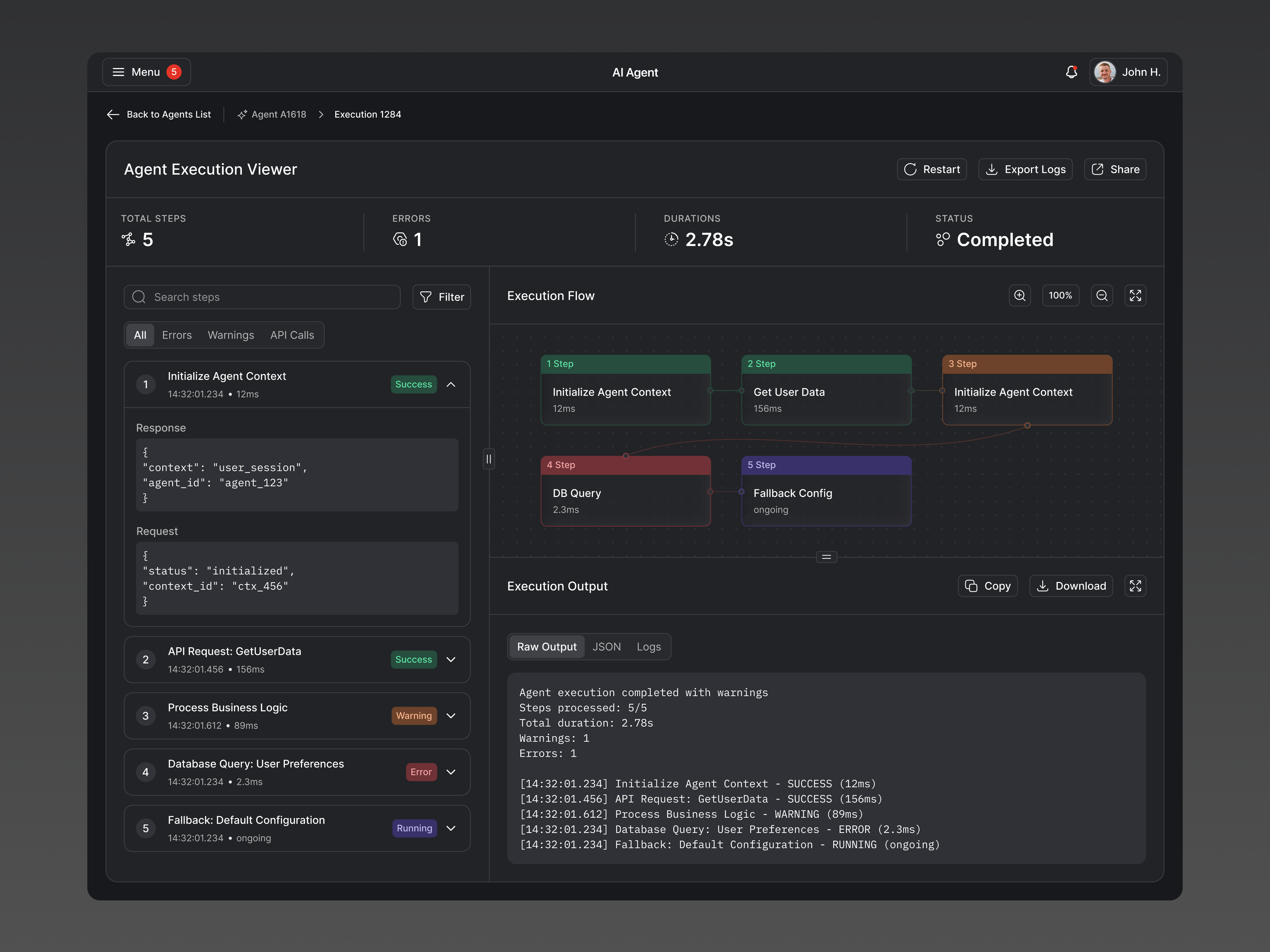 Example of UX/UI Design for AI Agent Platform — Dark Mode