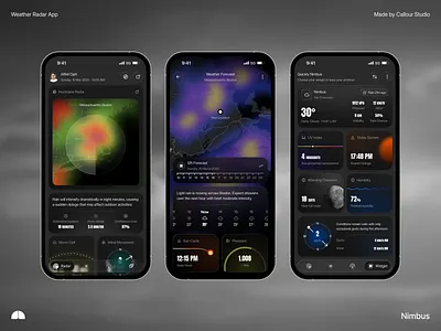Nimbus ⎻ Weather Radar App ai powered clean ui compact ui dark ui dashboard data visualization figma forecast app ios design mobile app mobile design product design radar ui real time data saas ui design ux design weather app web app widget design