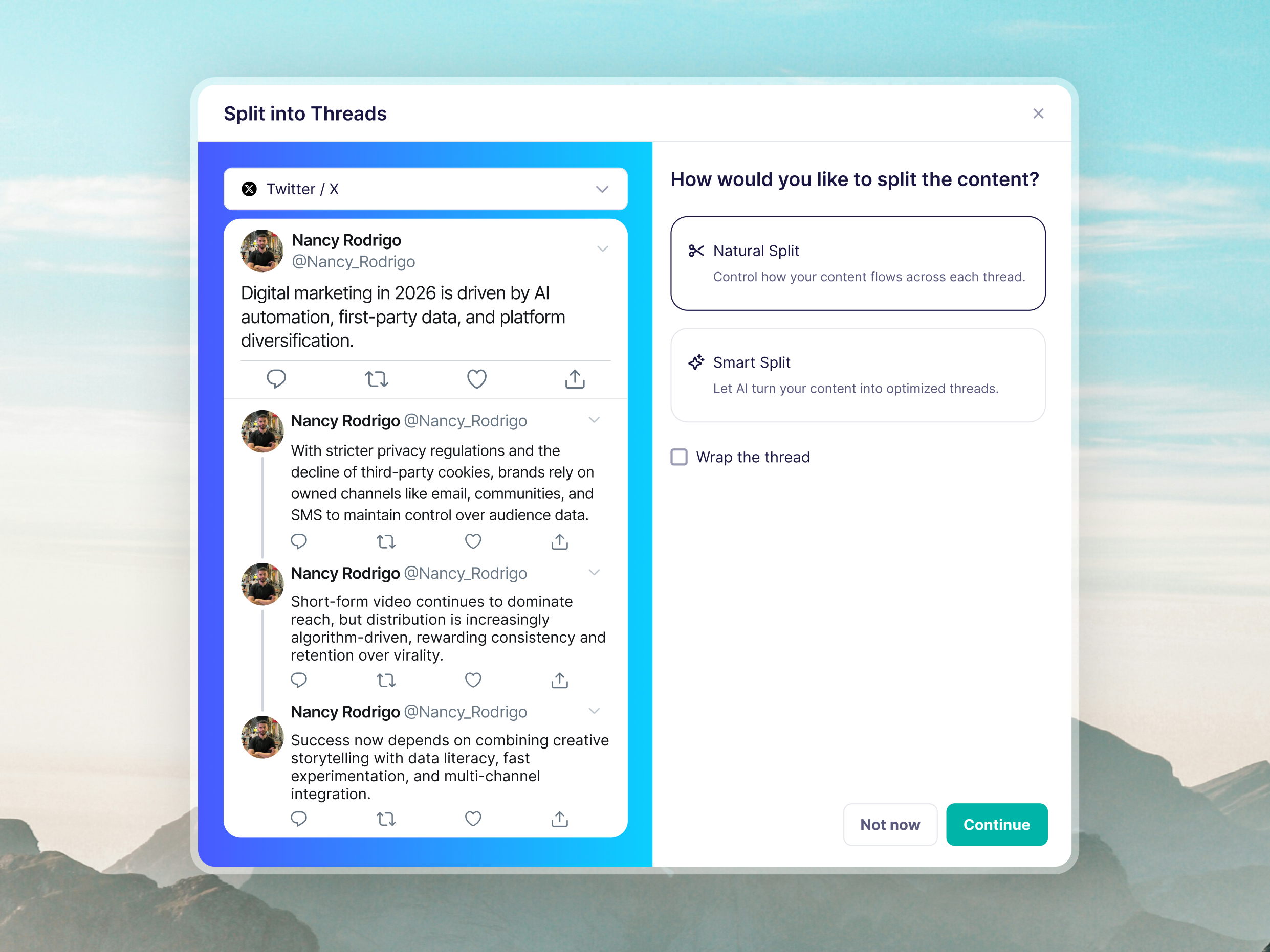 Threads Composer ai modal posst post schedule smart split thread threads twitter