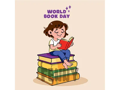Girl Sitting on a Stack of Colorful Books book bookstore cartoon course dictionary education educational hobbies journal knowledge learning library literature novel page reading school students technology textbook