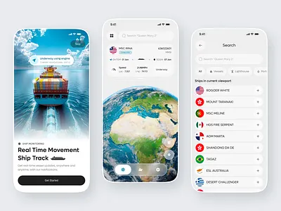 Real-Time Ship Tracking Mobile App UI | Maritime Monitoring app design cargo ship data visualization fleet management geolocation globe ui gps tracking logistics app maritime app mobile app navigation app ocean tracking real time data ship tracking shipping app smart logistics tracking dashboard tracking system transport app vessel tracking