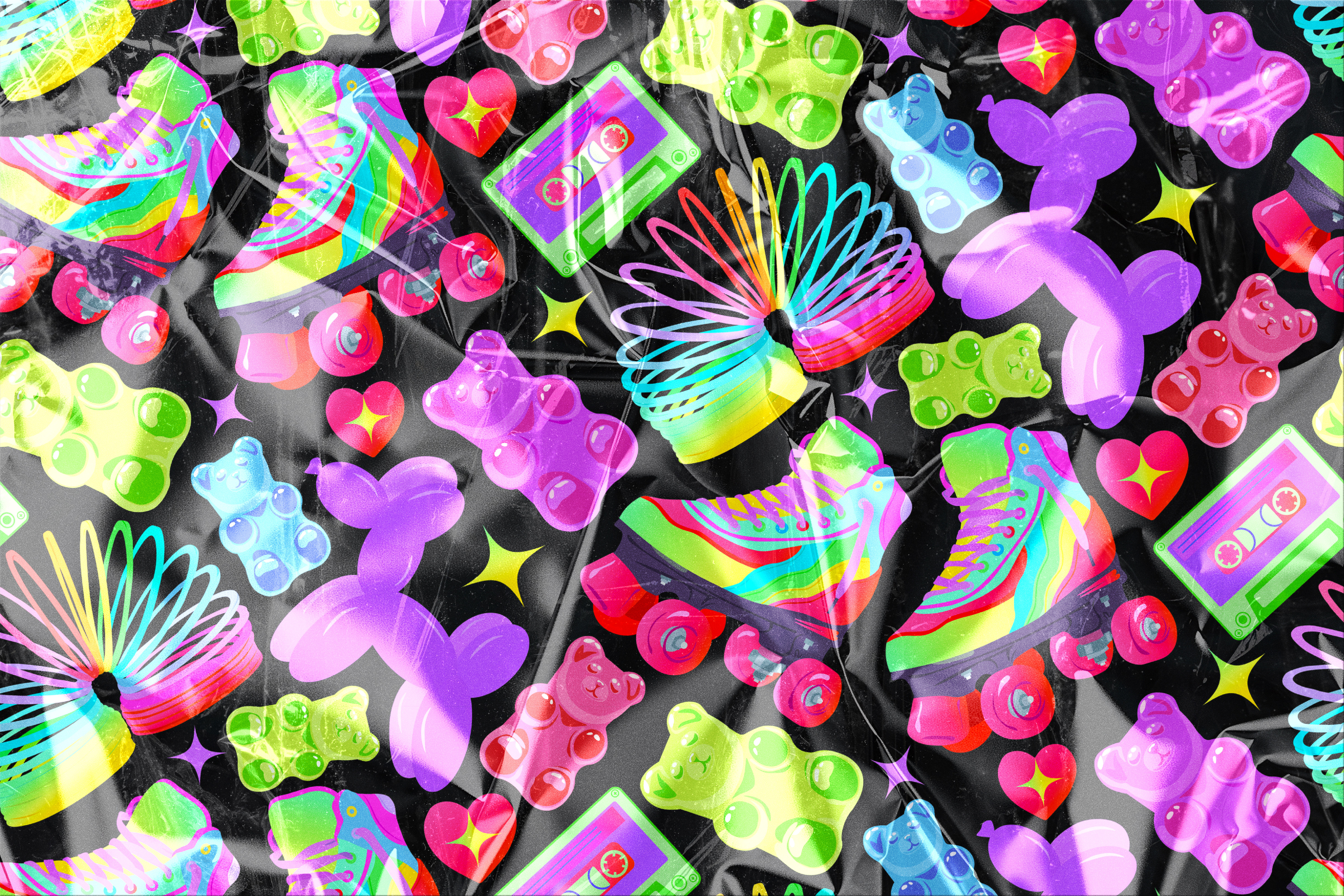 Nostalgia Trip: 90s Retro Seamless Pattern 🌈🧸 90s colorful graphicdesign gummybear illustration kidcore neon nostalgia patterndesign popculture printdesign retro rollerskate seamlesspattern stationery stickerart surface pattern vectorart vibrant y2k