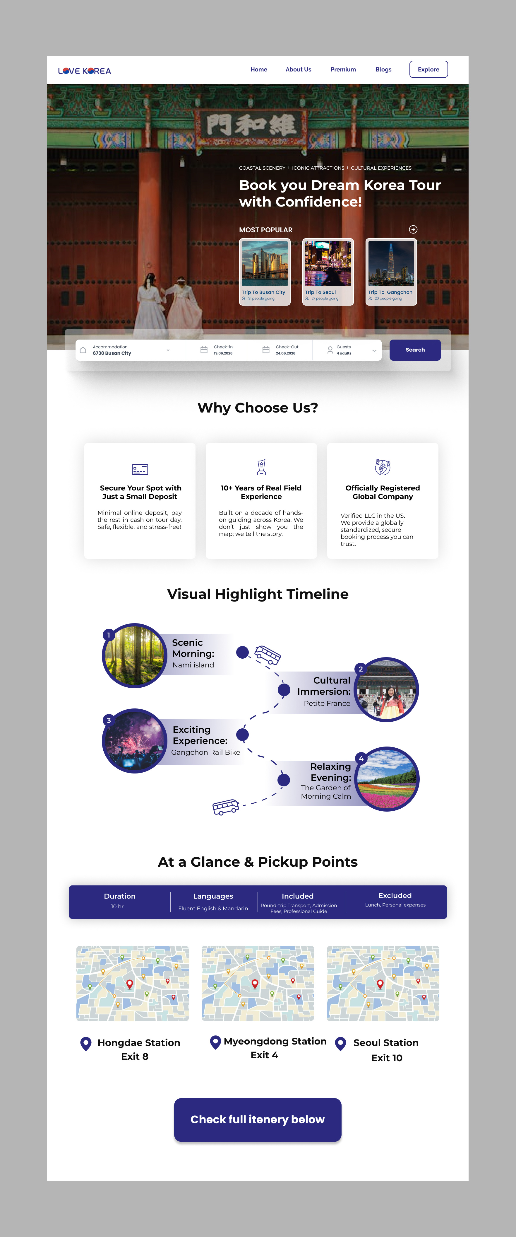 Dream Korea Tour - Detail Page Design booking korea landingpage timeline tour tourdetail travelwebsite uiux webdesign