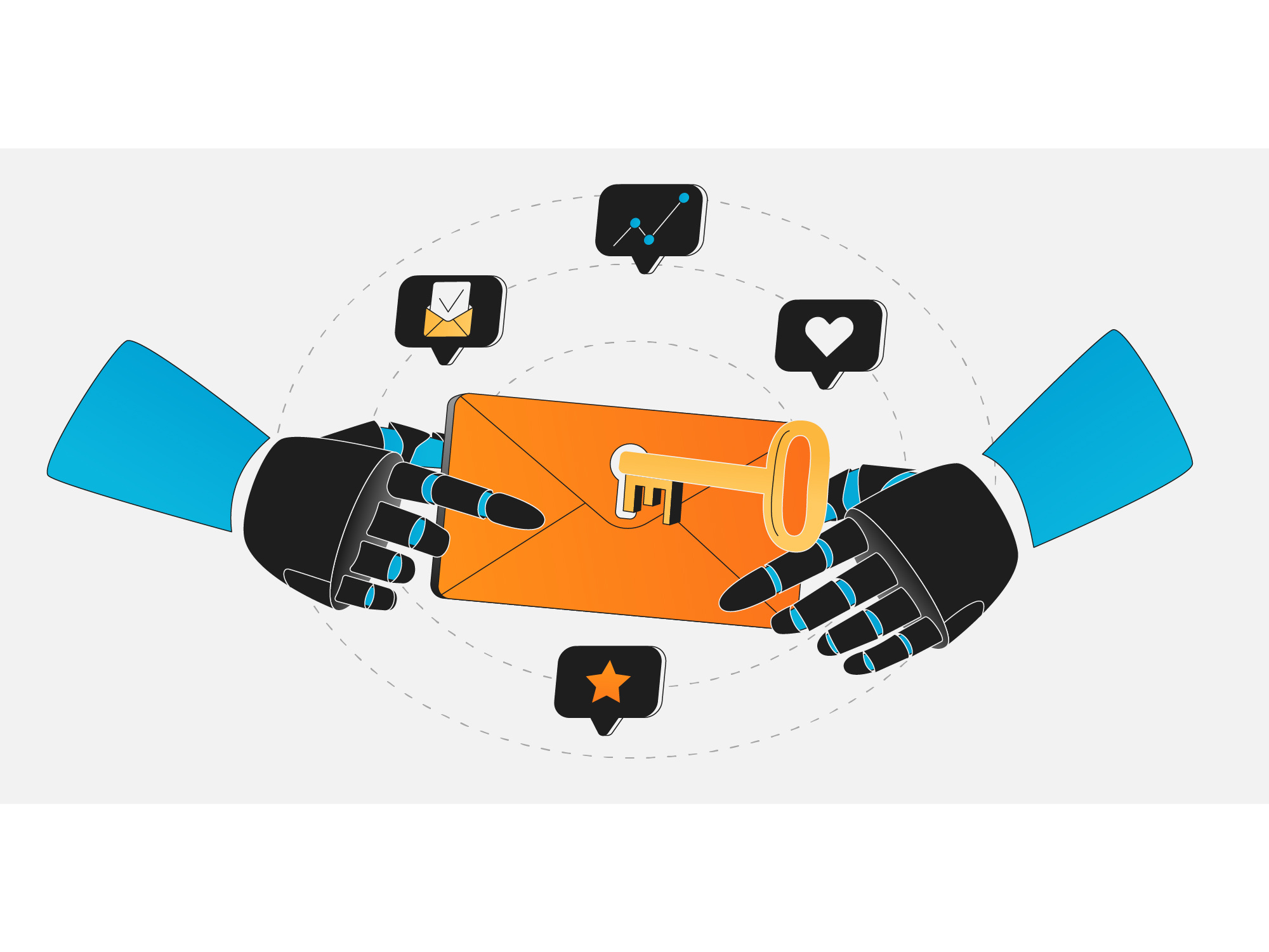 Conceptual Illustrations for B2B Communications b2b business illustration clean design conceptual design digital art dotted lines editorial illustration flat design gradient colors illustration line art minimalist style orange and blue saas illustration symbolic art tech illustration vector illustration vibrant palette visual metaphors visual storytelling