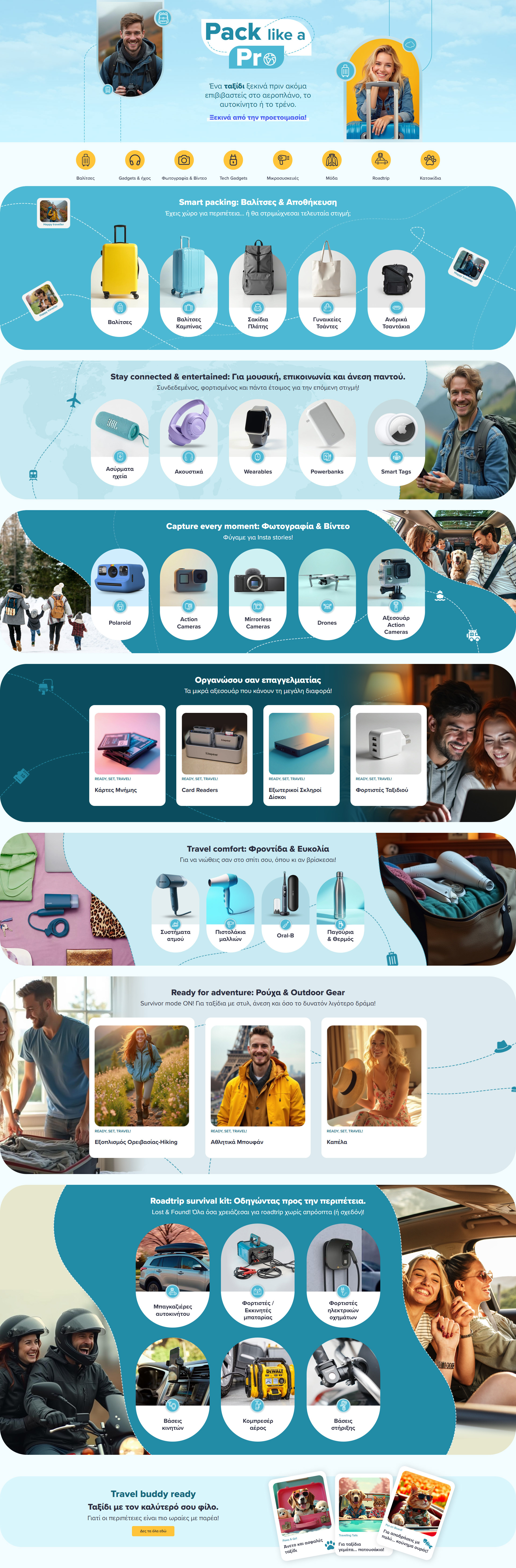 Travel | Pack like a pro action cameras airtag branding categories clothes drone eshop graphic design headset landing page logo luggages pack like a pro polaroid powebanks powerbank retail smartwatch traveling ui