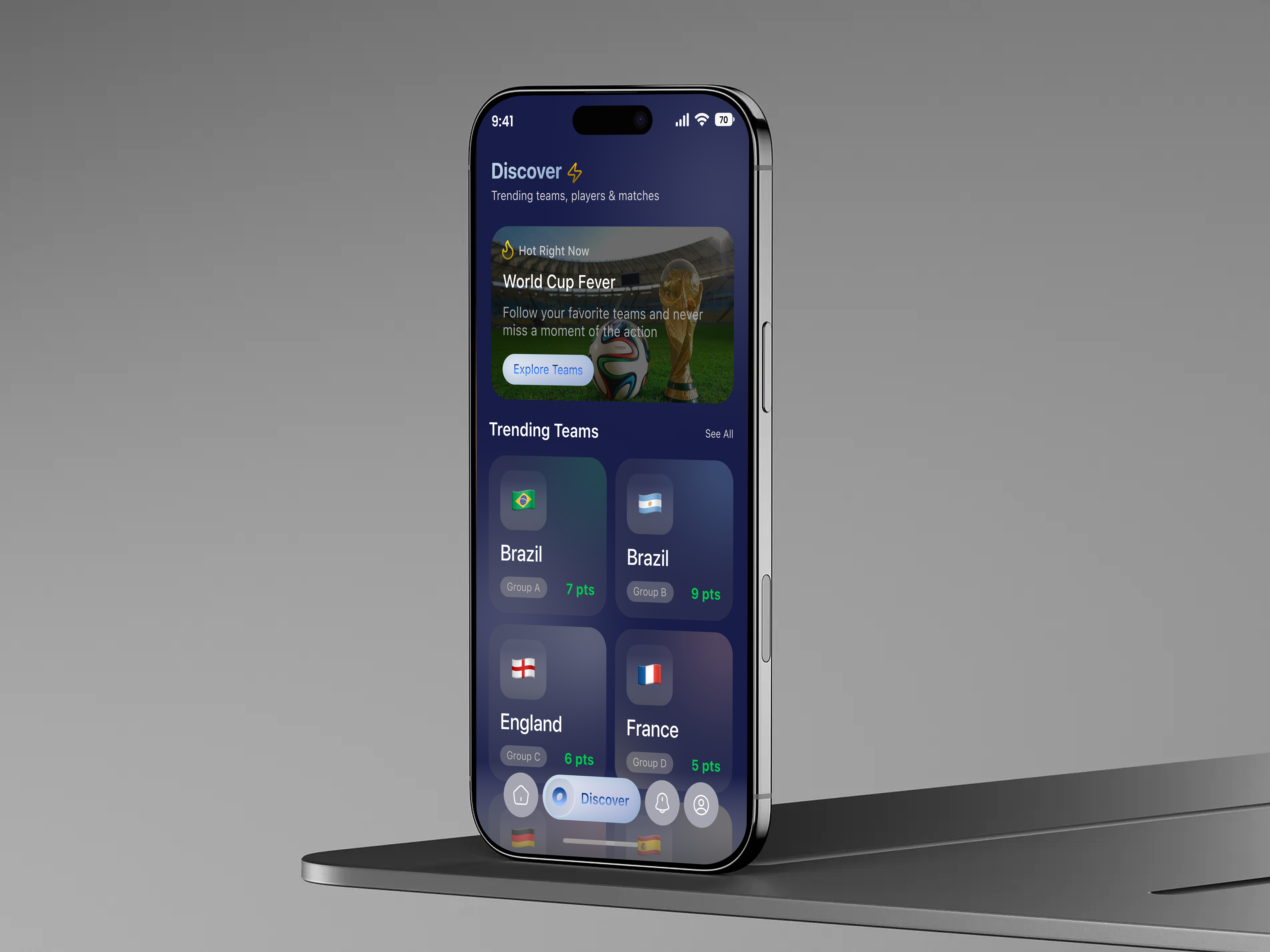 Football App – Discover & Trending Teams UI app design dark ui discover ui dribbble design figma design football football app football ui mobile app mobile ui product design sports analytics sports app sports ui trending teams trending ui ui design user experience user interface ux design