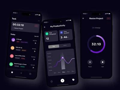 Smart Productivity App UI — Time Tracking & Daily Task Planner appdesign appui darkmodeui dashboardui dribbble figmadesign focusapp habittracker iosappdesign minimalui mobileappdesign productdesign productivityapp saasdesign taskmanagement timetracker uidesign userexperience userinterface uxdesign