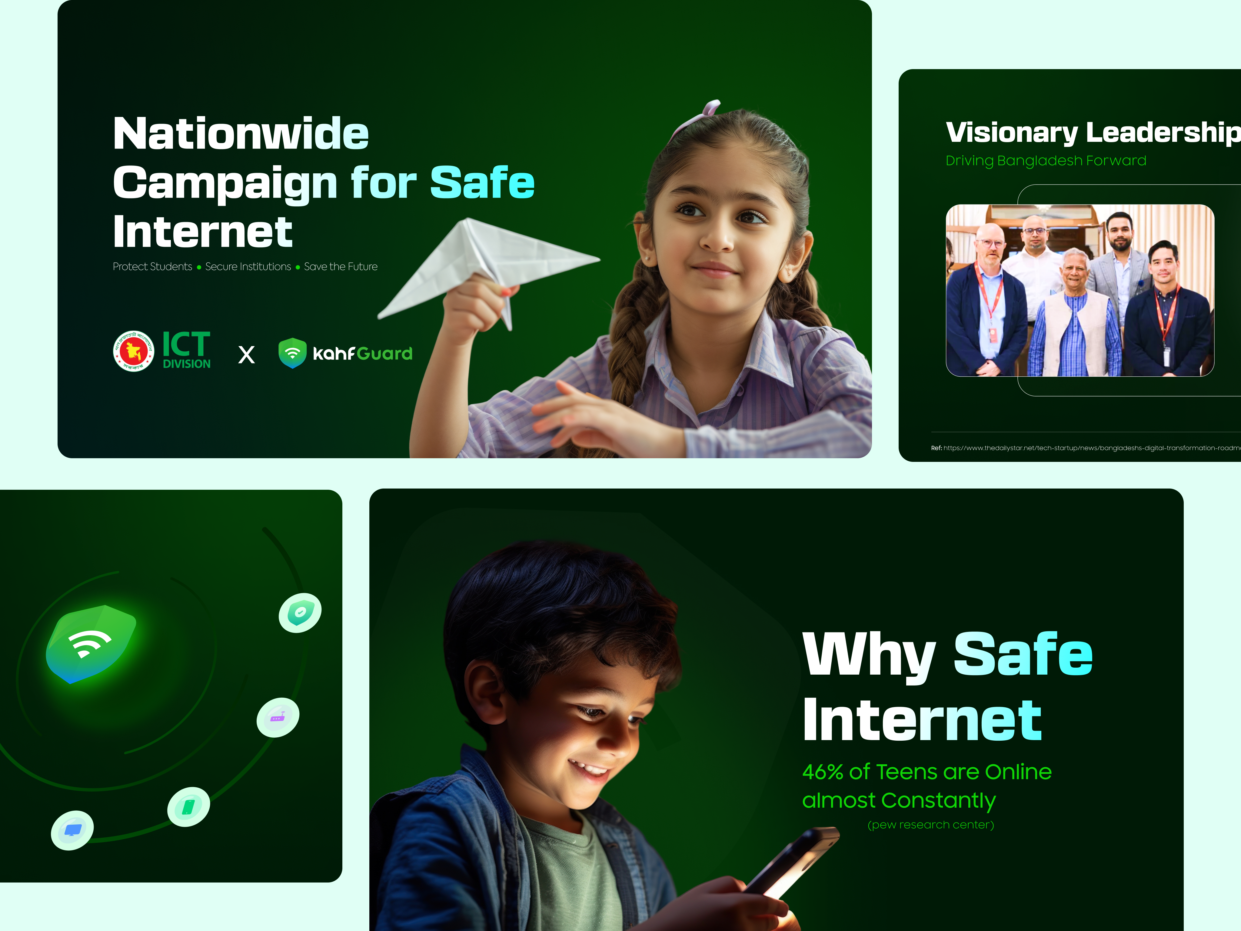 Kahf Guard x ICT Division | Safe Internet Campaign Pitch Deck bangladeshstartup bangladeshtech childsafetyonline cybersafetypitch cybersecuritydesign darkgreenpitch digitalsafety govtechdesign ictdivision impactdriven islamictech kahfguard missiondrivendesign nationwidesafeinternet pitchdeckdesign presentationdesign safeinternet startuppitchdeck techforchildren vizuifydesign