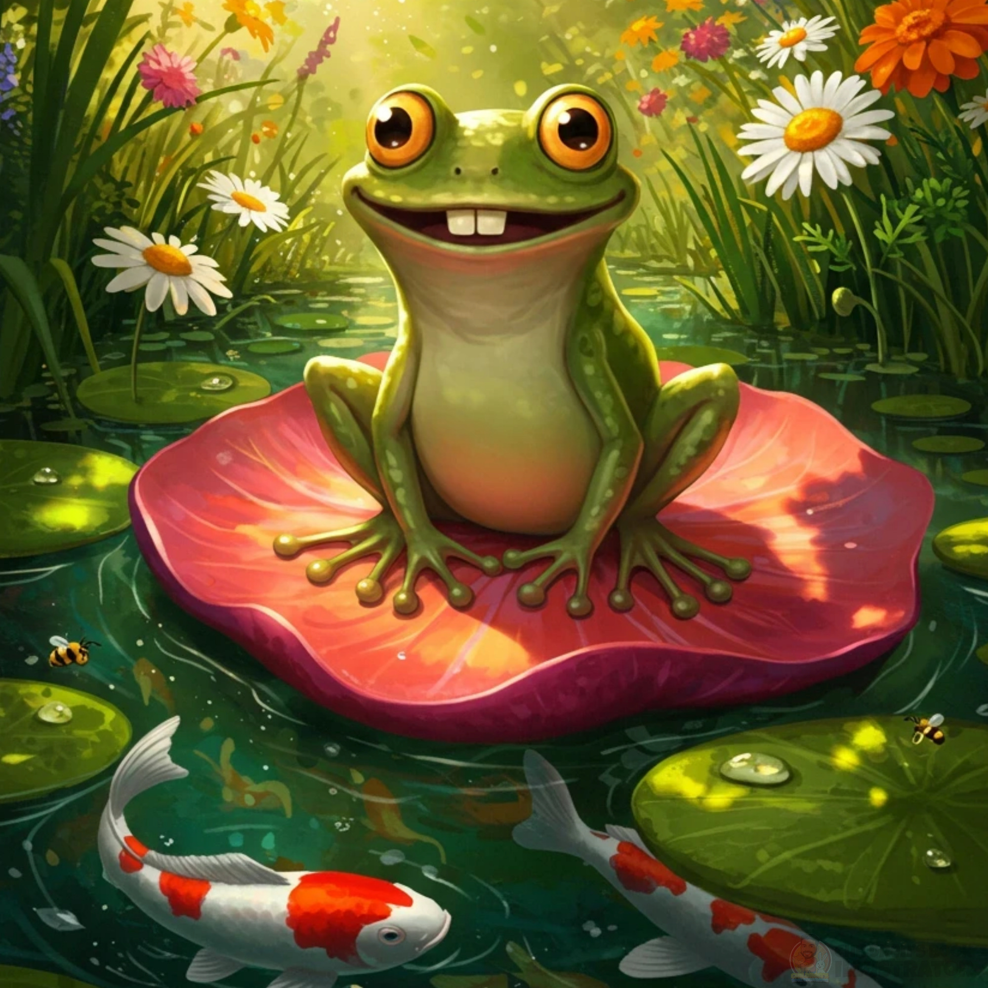 The Happy Lily Pad Resident Children's Book Illustrations 2d art character design children illustrator childrens book illustration cute animals digital painting frog character garden art kids book art koi fish lily pad magical nature nature illustration picture book pond life storybook artist vibrant illustration whimsical illustration