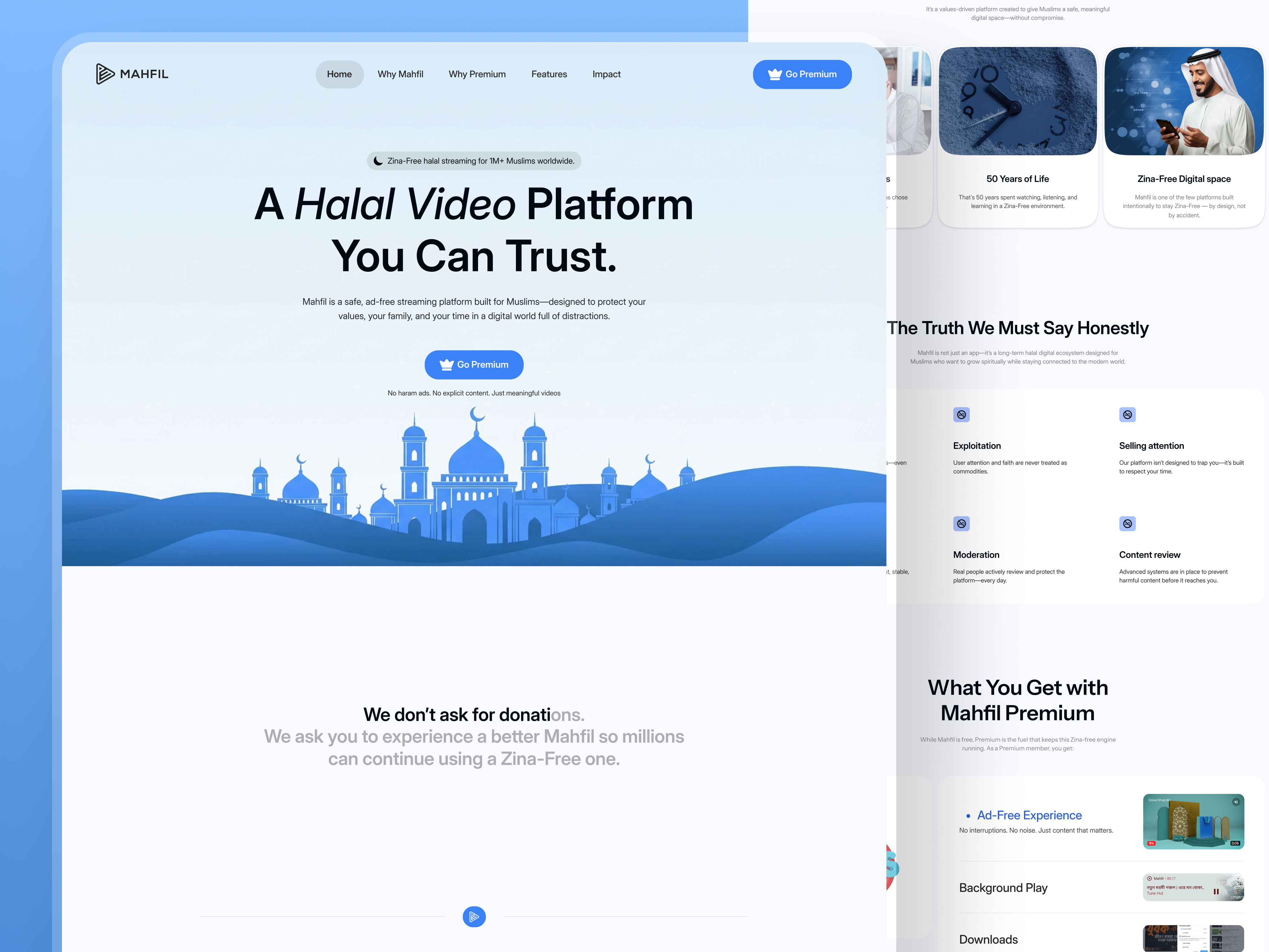 Halal Video Streaming Platform Landing Page — V2 Redesign ethicalplatformdesign faithbasedappdesign halalstreamingdesign halaltechdesign halaltechstartup islamicapplandingpage islamicillustration islamicuiux islamicwebdesign mahfilv2redesign mosqueillustrationsui muslimdigitalspace muslimfamilyapp muslimplatformui purposedrivendesign softblueui streamingappdesign ummahplatform vizuifydesign zinafreedesign