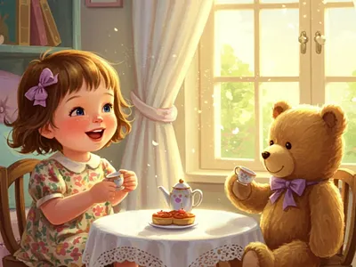 Tea Time Dreams Whimsical Children's Book Illustrations 2d illustration book cover design character design childhood magic children illustration childrens book illustration cozy atmosphere digital painting illustration for kids kids book art nursery art picture book playful art soft lighting storytelling art tea party teddy bear whimsical illustration