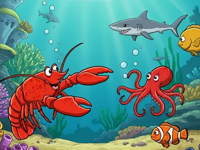Deep Sea Discovery Underwater Character Design & Scene 2d illustration book cover design character design childrens book illustration coral reef art cute shark digital painting illustration for kids kids book art lobster character ocean scene octopus design playful art sea life illustration storybook artist underwater art vibrant colors whimsical illustration