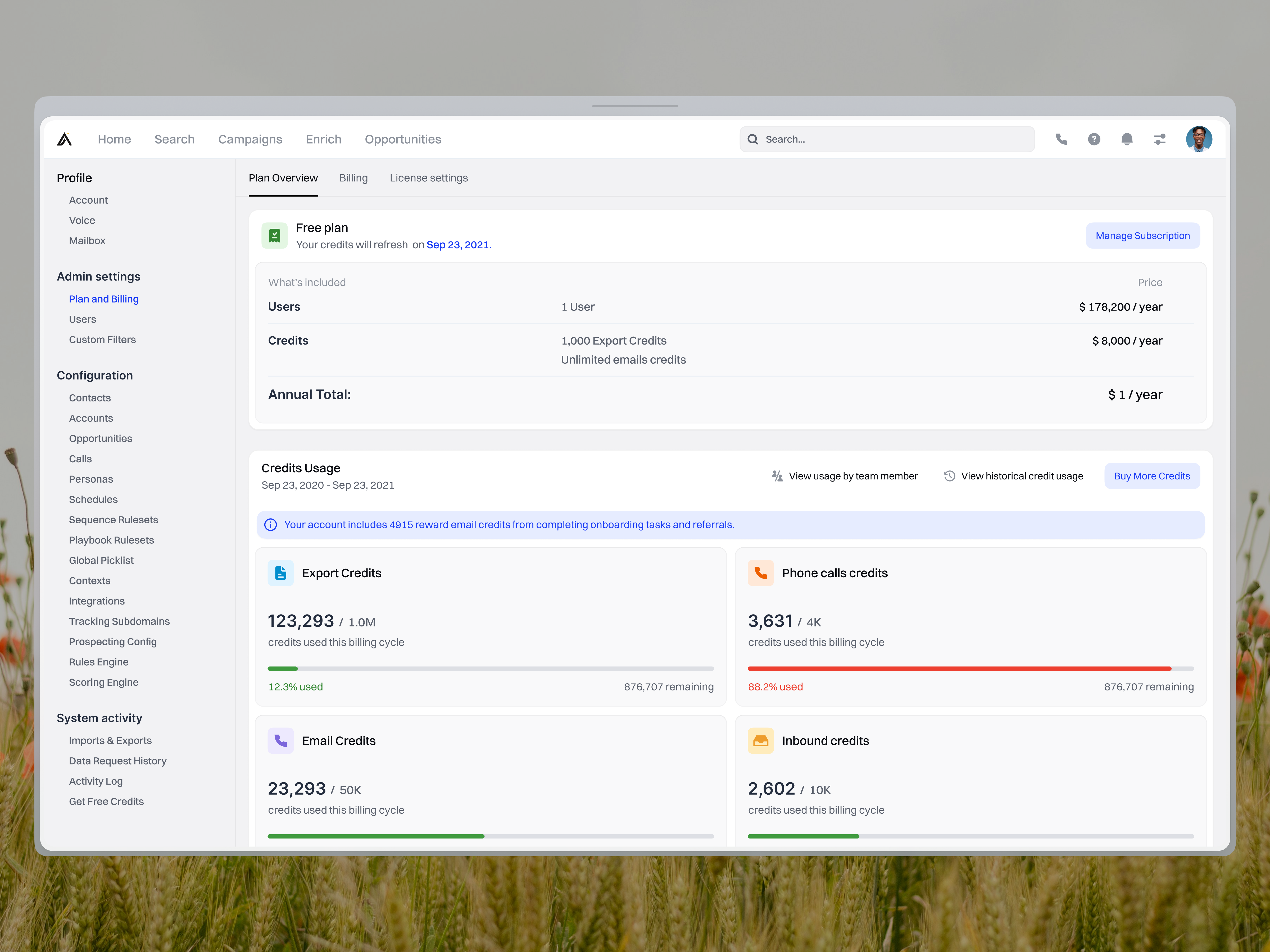 Apollo.io settings concept - Plan overview apollo.io automation clay credits credits usage data email service enrichment inbound inbox outbound plan platform settings settings subscription system settings usage