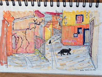Black Paws in Sun-Drenched Alley alley alleyway black cat illustration cat cats colorful european street art lively mediterranean alleyway narrow orange orange architecture roaming scene street urban sketching vibrant walls watercolor style art whimsical cat art