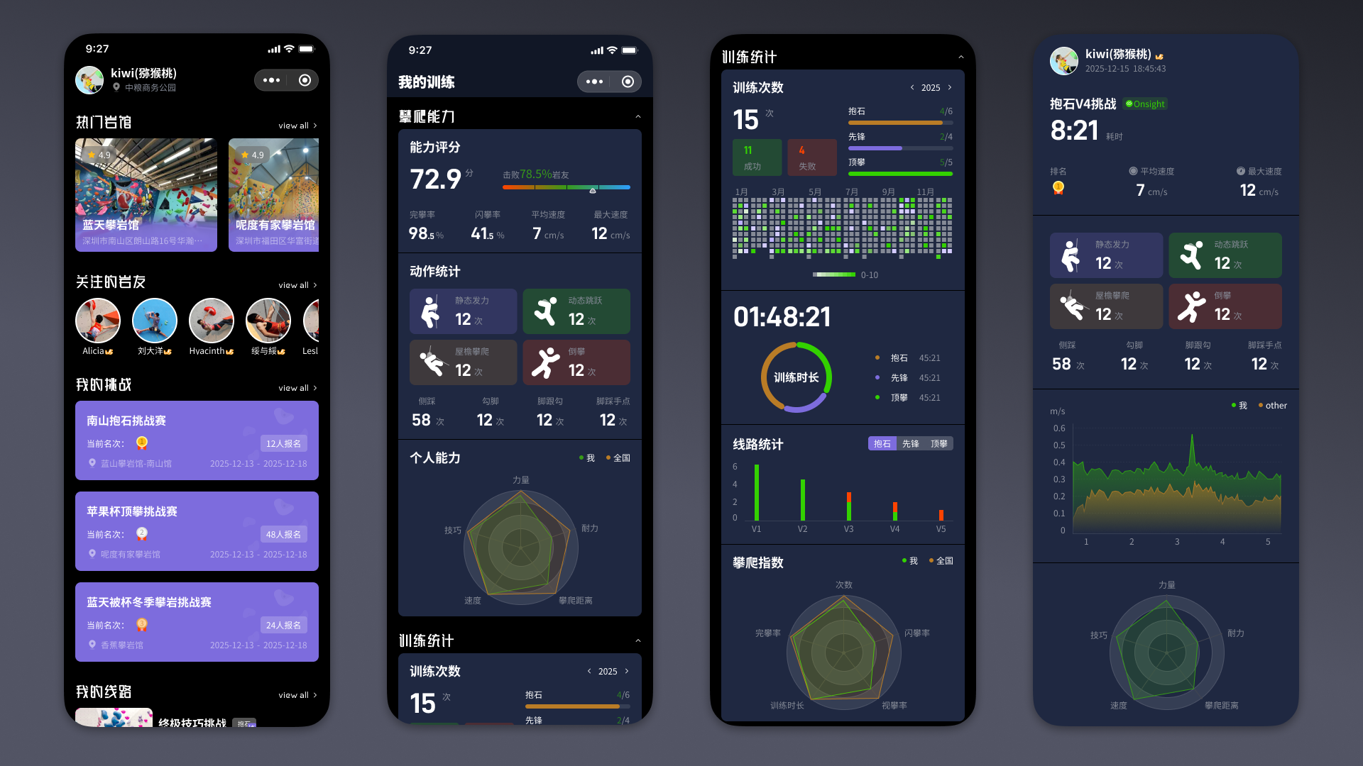 Climbing level, climbing records, achievement badges