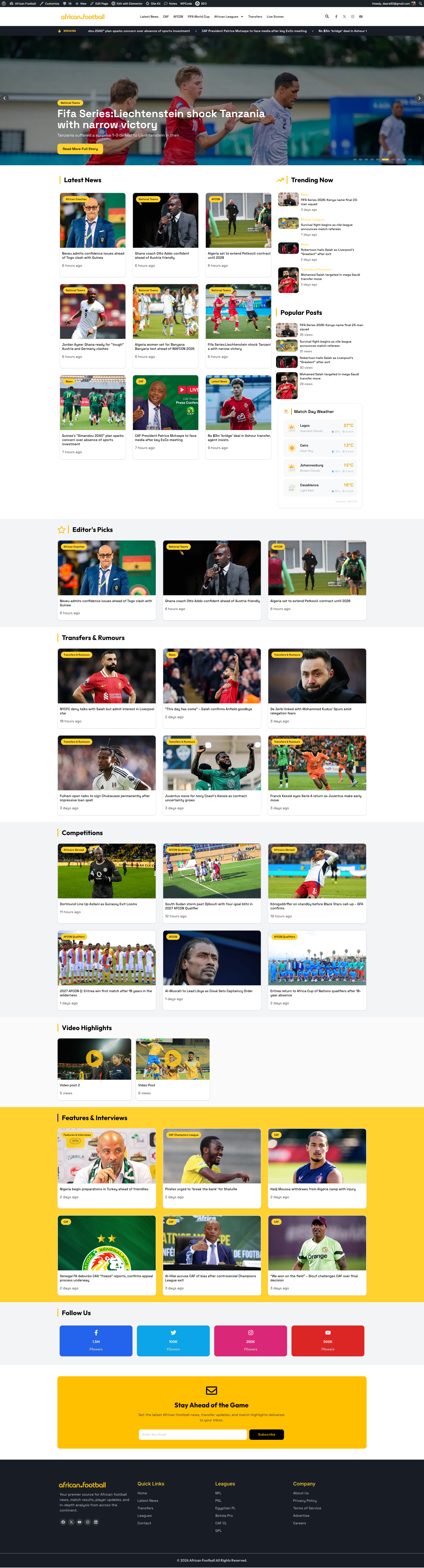 African.Football — News Portal UI | Elementor Pro afcon africa bold design caf card ui dark ui dashboard editorial elementor football homepage news portal soccer sports sports media typography ui design web design wordpress