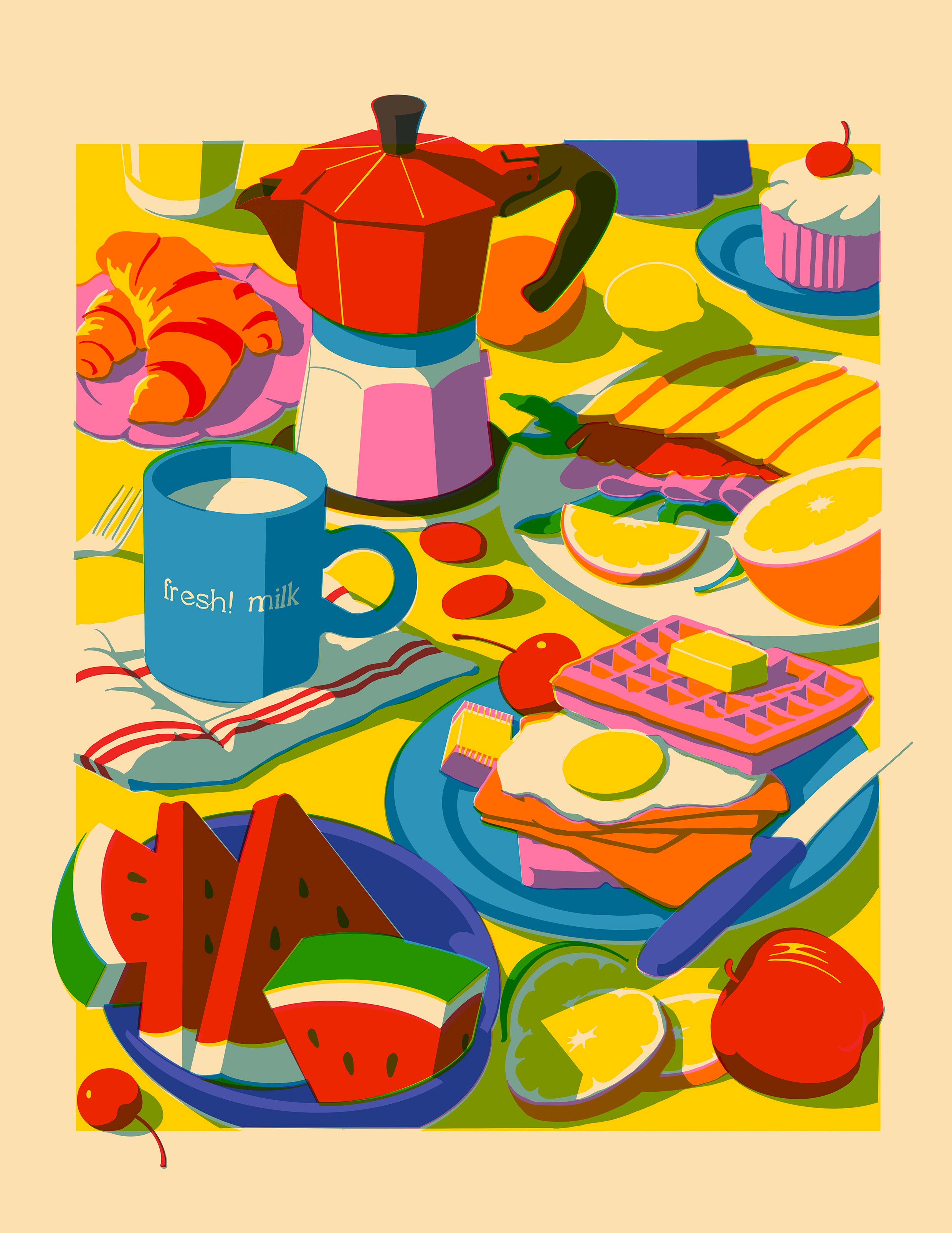 Breakfast time - Risograph art design illustration risograph