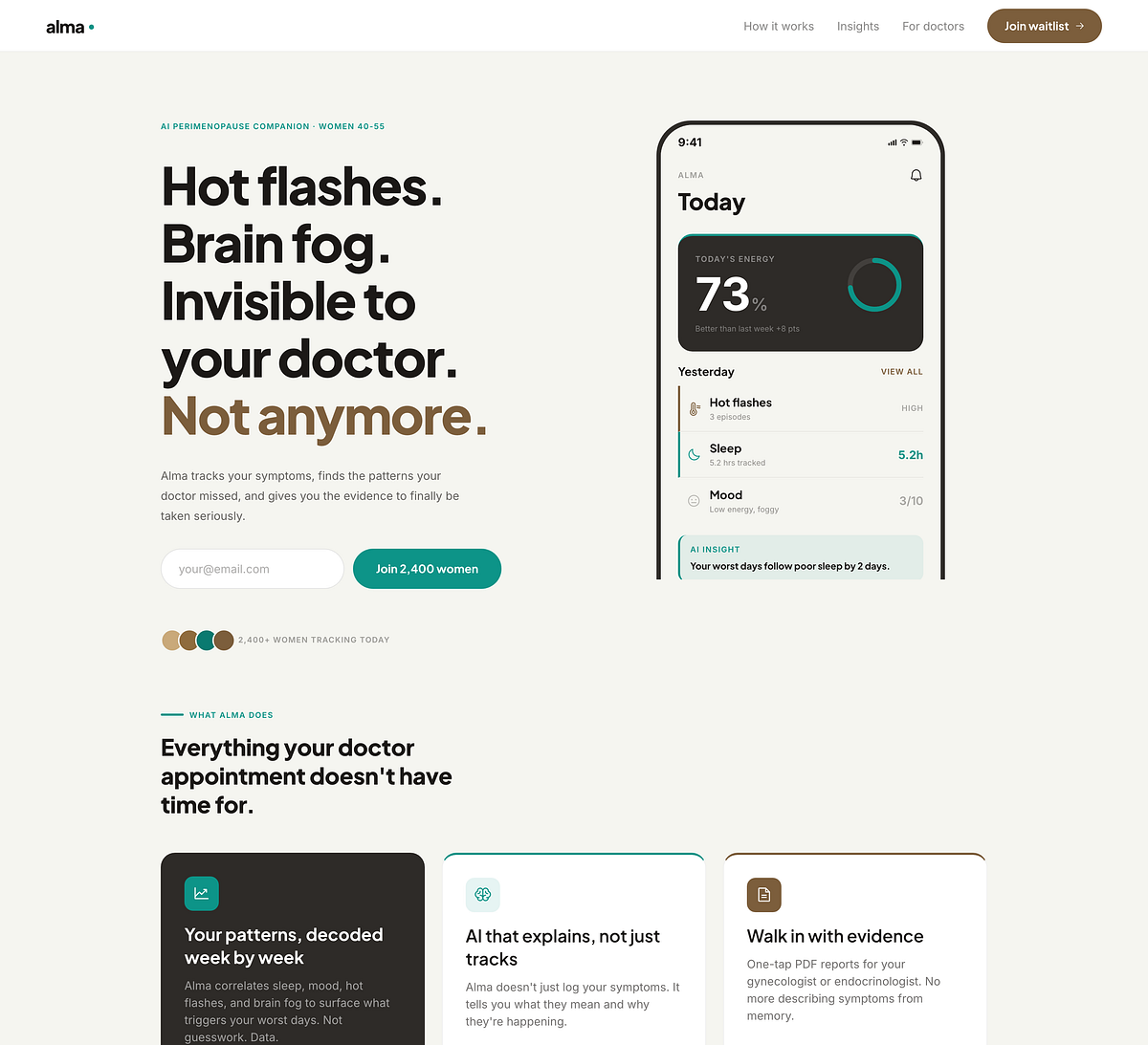 Alma - AI perimenopause companion. Landing page design. Image 0