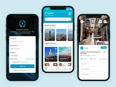 Tourific — Self-Guided City Explorer Mobile App UI animation booking app exploration graphic design minimalist mobile app navigation tour guide travel app ui uiux user interface