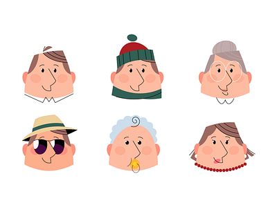 Faces baby boy character character design design faces granny hat heads illustration man middle aged pacifier simple summer sunglasses vacation vector winter woman