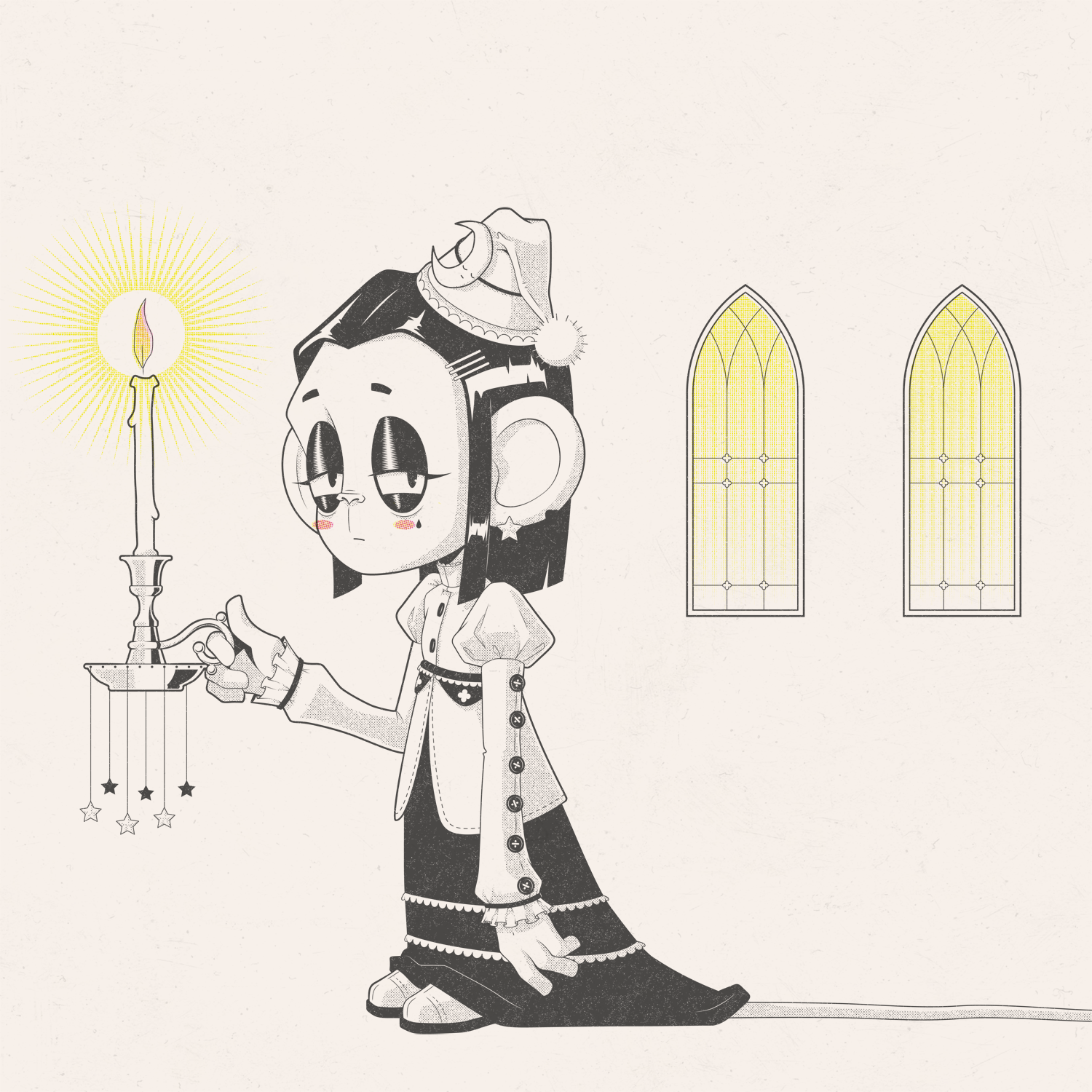 Night monkey cartoon character gothic halftone illustration overlay raster vector vintage