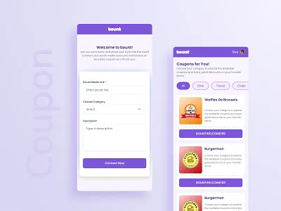 Exclusive coupons connect social accounts client code connect coupons design feed figma freelance network offer promo social trend ui user ux work