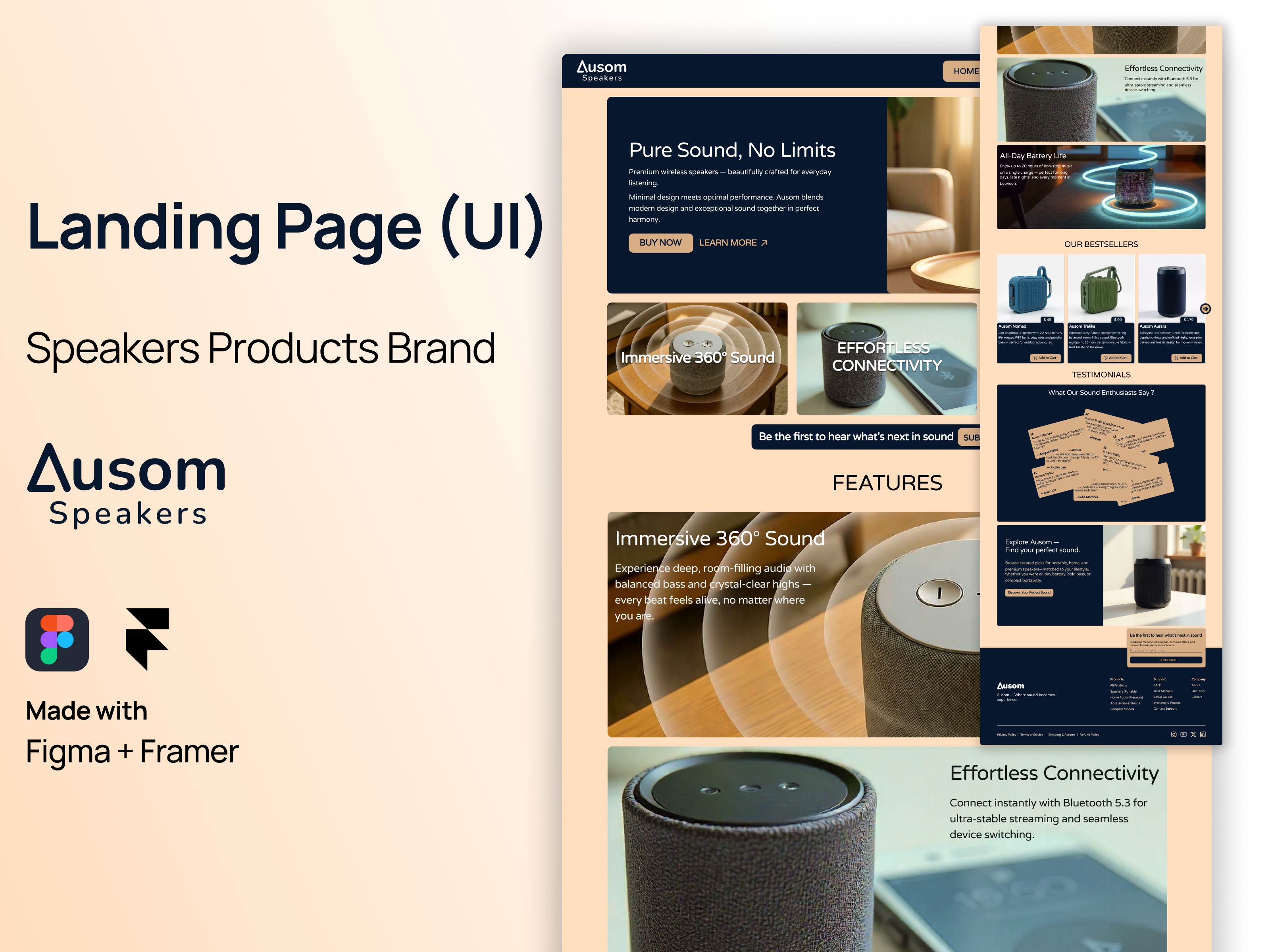 Ausom Speakers – E-Commerce Landing Page (Figma + Framer) branding e commerce figma landing page ui web design web page