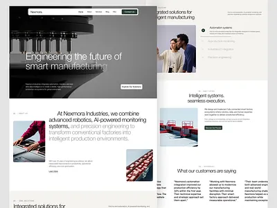 Nexmora — Industrial Manufacturing Homepage clean layout corporate website engineering homepage design industrial branding industrial design industrial website landing page minimal ui modern corporate technology website ui design ux design website design