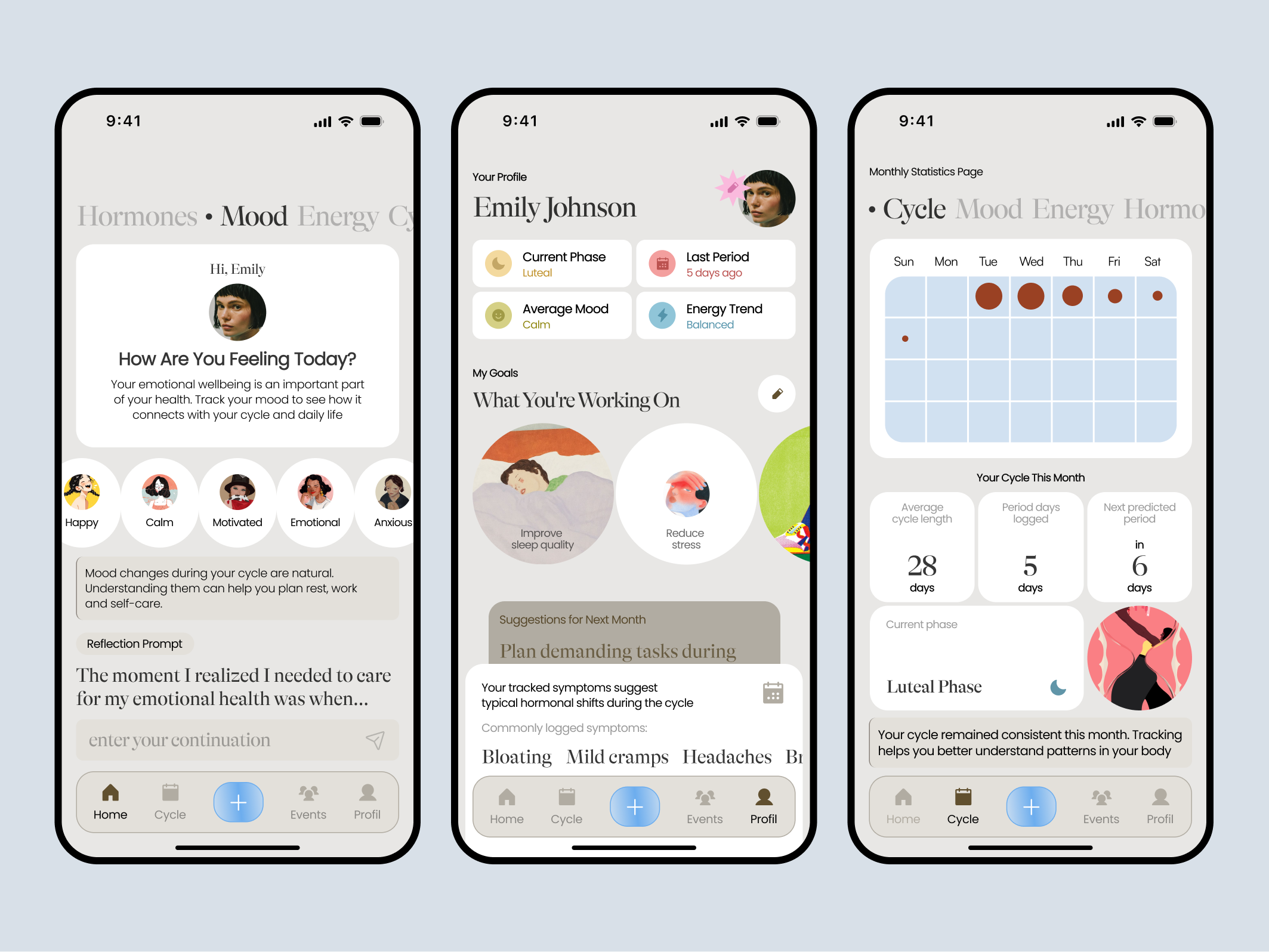 Cycle Tracking Mobile App Design Concept calendar cycle traking health mobile app healthcare maternal health medical app medicine mobile app mobile design online care personal pregnancy product supplements supportive tracking ui ux weight loss womens health