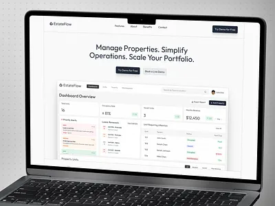 EstateFlow – Property Management Landing Page UI/UX Design clean commercial page dashboard dashboard landing page elegant graphic design landing page landing page design landing page uiux marketing page marketing site marketing web minimalist modern design product design property landing page saas saas landing page saas web design web design