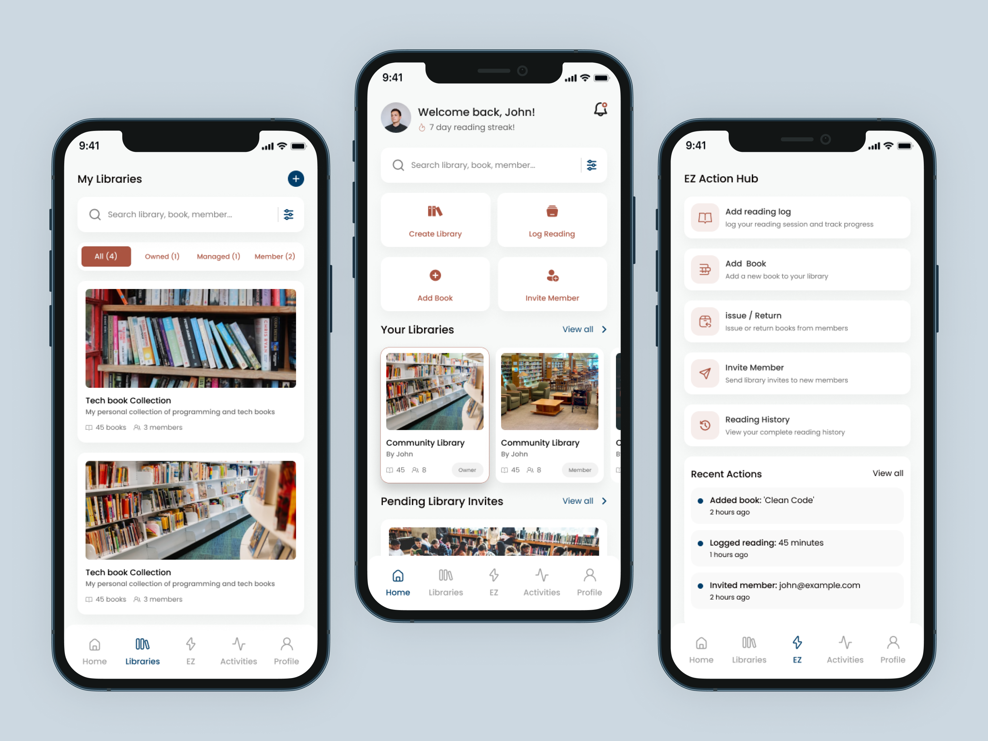 ezLibrary — Personal & Community Library Management App book tracker community platform figma inventory management ios app design library app minimalist mobile ui reading habits social reading ui edtech ux design