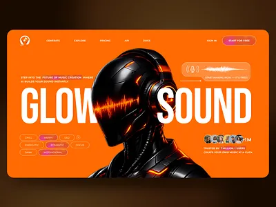 Glow Sound – AI Music & Voice Generation Platform UI ai ai music creative tools dashboard ui futuristic ui interaction design landing page latest trends microinteraction modern u music app neon ui product design saas design sound generator tech startup ui design ux inspiration voice ai web app